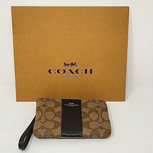 Coach F58035 Signature PVC Leather Corner Zip Wristlet - Brown - Picture 1 of 2